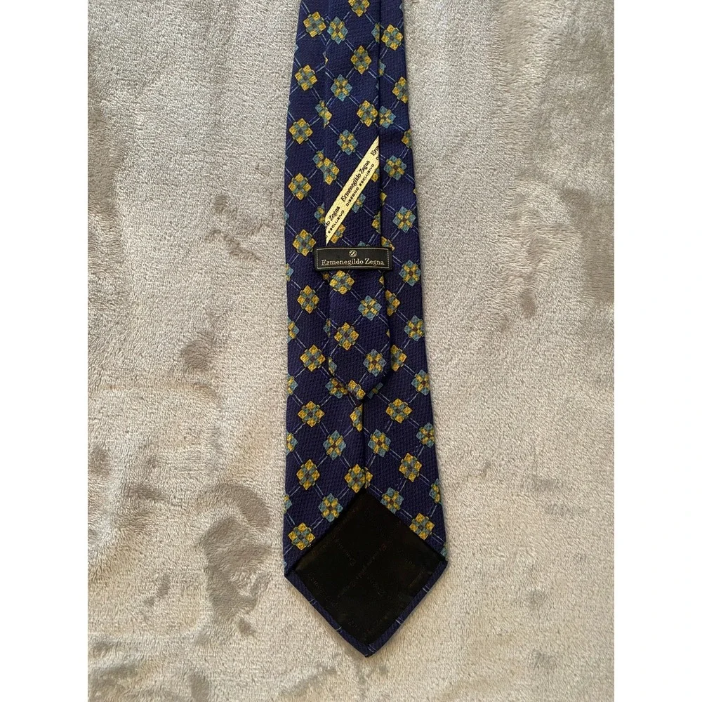 Ermenegildo‎ Zegna Tie Navy Blue Gold Silk Geometric Disegno Esclusivo Italy